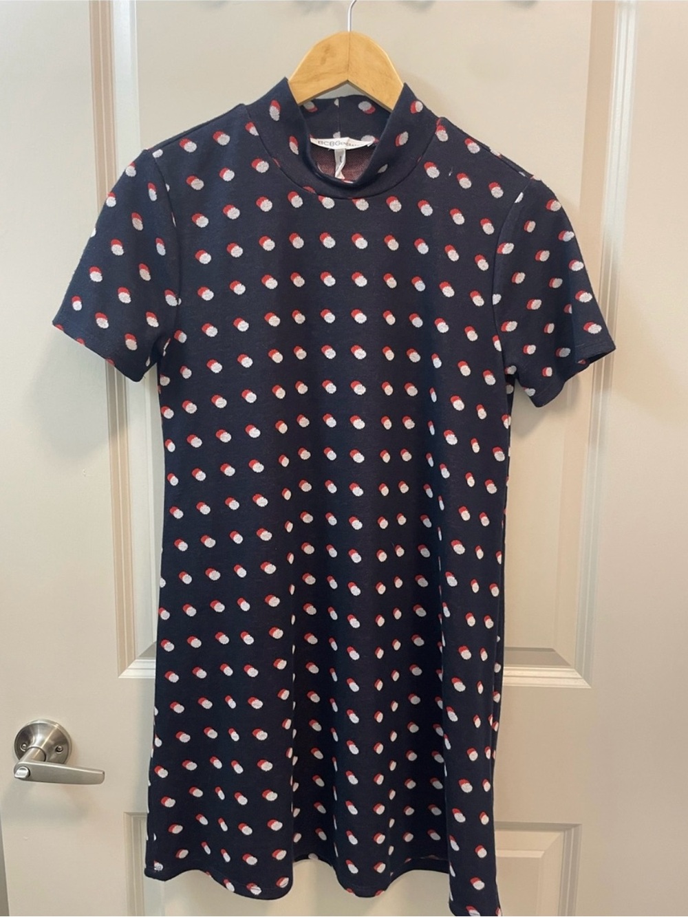 BCBGeneration Navy Short-Sleeve Polka Dot Mock Neck Dress